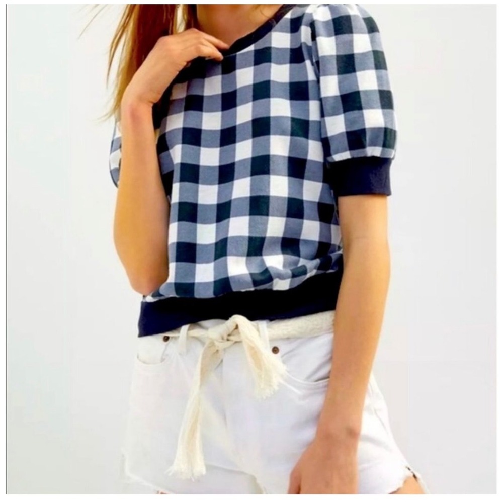 Anthropologie t.la Navy Blue Gingham Puff Sleeve Sweatshirt XL Made in USA